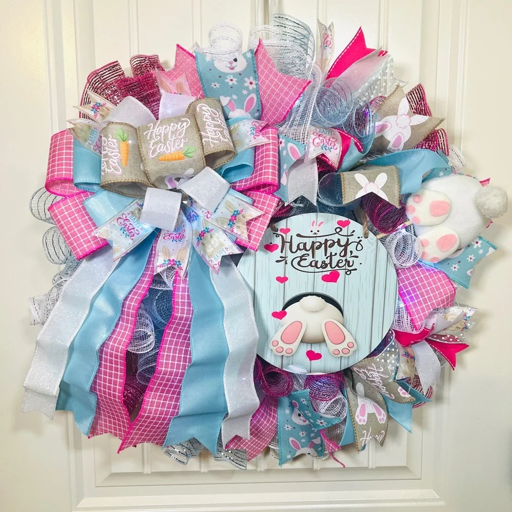 Handmade Spring Happy Easter Bunny Bum Prelit Ribbon Wreath 22 in LED W23